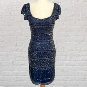 Scala Navy Silk Beaded Dress Women’s 0 Y2K Formal Cocktail NWOT